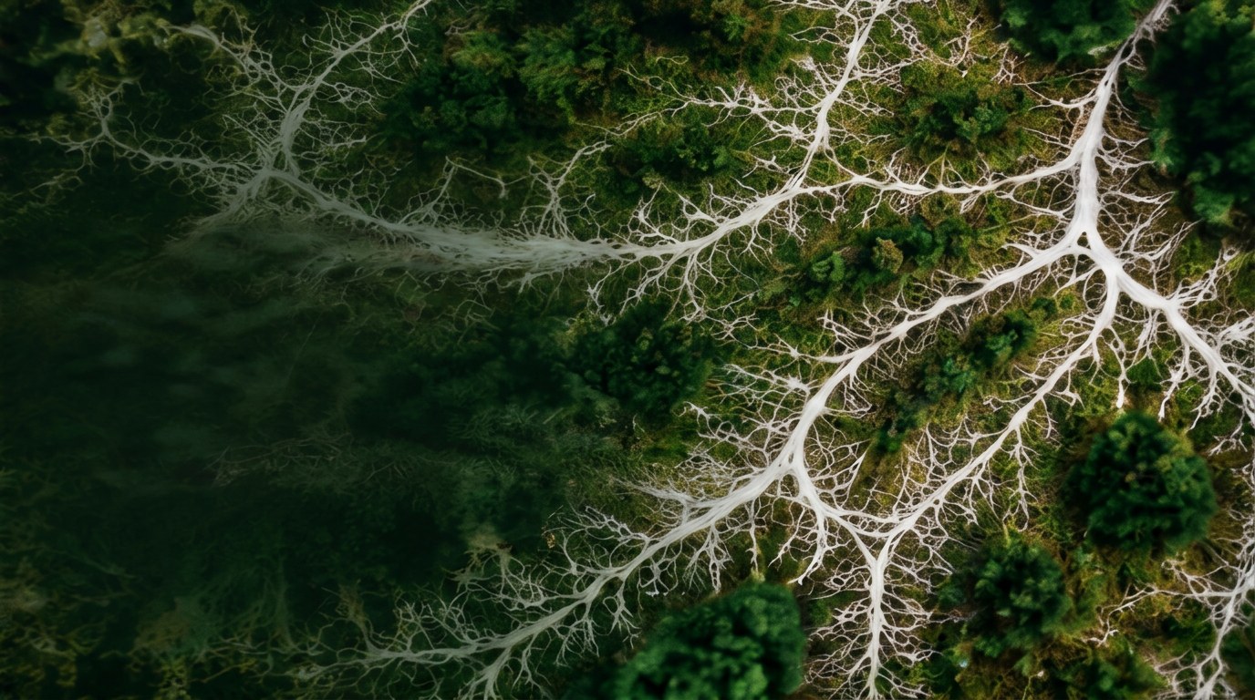 White fungal networks branching across dark green moss